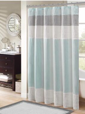 Amherst Shower Curtain Faux Silk Pieced Striped Microfiber, 72x72”, Aqua